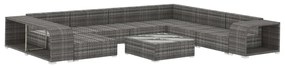 10 pcs conjunto lounge de jardim c/ almofadões vime PE cinzento