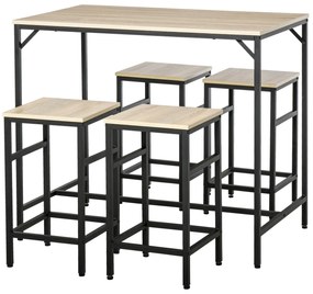 Conjunto de Mesa de Bar com 4 Bancos com Apoio para os Pés Conjunto de Móveis de 5 Peças Mesa de 100x60x88cm e Bancos de 32x32x57cm para Sala de Janta