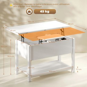 Mesa de Centro Elevável e Extensível, 100 x 90 x 63,5 cm, Tampo Duplo Ajustável, Branca