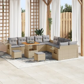 Conjunto de Sofás de Jardim vidaXL com 13 Peças com Almofadas Bege Polirattan Acácia