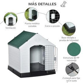 PawHut Casota de Cães Medianos com Porta Metálica Fechadura Teto Inclinado e Base Elevada para Interior e Exterior 78x87x81cm Branco e Verde