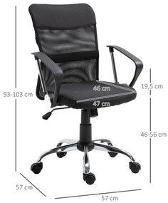 Cadeira de escritório ergonômica giratória com assento ajustável em altura, apoios de braço e rodas 57x57x93-103 cm Preto