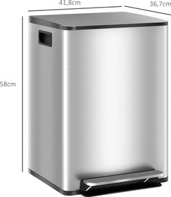 Caixote do lixo de cozinha com 2 compartimentos de 2 x 20 L, com pedal, em aço inoxidável, tampa com fecho suave