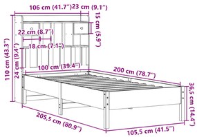 Cama c/ estante sem colchão 100x200cm pinho maciço castanho-mel