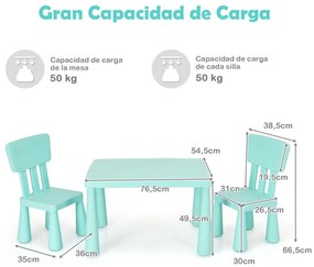 Conjunto de mesa e cadeira para crianças de 1 a 7 anos para atividades escolares, carga máxima de 50 kg, verde