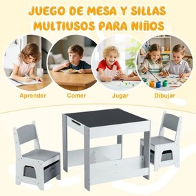 Conjunto de mesa e cadeiras para crianças Mesa de atividades em madeira com tampo reversível Prateleiras para livros e gavetas Cinzento + Branco