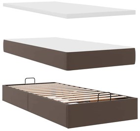 Estrutura de cama otomana com colchão marrom couro falso