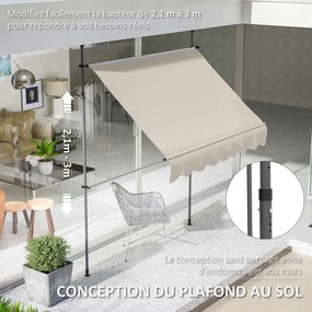 Toldo retrátil manual autoportante, 2,0 m (L) x 1,2 m (P) x 2,1–3,0 m (A), inclinação ajustável, metal, alumínio, poliéster, cor areia