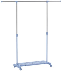Guarda Roupa com Rodas com Barra de Aço Inoxidável e Prateleira para Sapatos Altura Ajustável 94-159x42x93-168 cm Azul