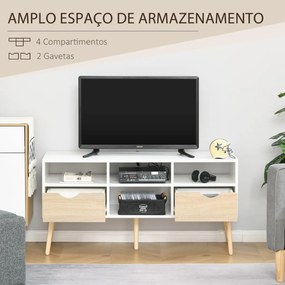 Móvel de TV com 2 Gavetas e 4 Compartimentos Pés de Madeira Dispositivo Anti Rolamento para Sala de Estar 117x39x57cm Branco e Madeira Natural