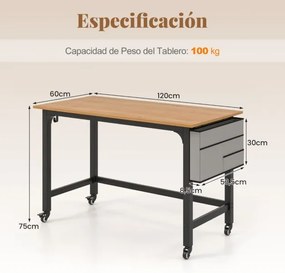 Secretária 120 x 60 x 75 cm com Rodas com Bolsa e Ganchos para Auscultadores Compacta Estrutura Metálica Natural