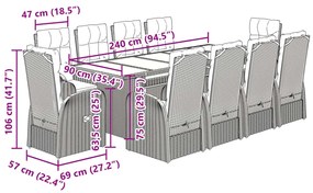 11 pcs conjunto de jantar p/ jardim c/ almofadões vime PE preto