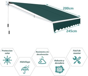 Toldo retrátil 245 x 200 cm com manivela manual em poliéster impermeável, marquise em alumínio para porta de janela verde