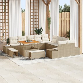 Conjunto de Sofá de Jardim vidaXL de 13 Peças com Almofadas Bege Poli Rattan Acácia