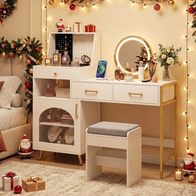 Toucador com espelho e luzes reguláveis 136 x 43 x 127,5 cm, mesa de vidro com 3 gavetas, ranhuras para anéis e ganchos, com porta e banco branco