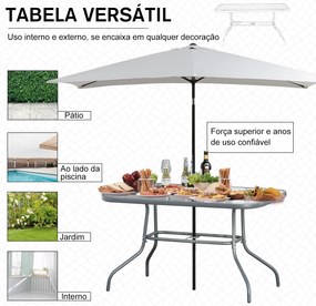 Mesa retangular de metal para jardim com orifício para guarda-sol Capacidade 70kg Vidro temperado 120x80x70 cm Cinza carvão