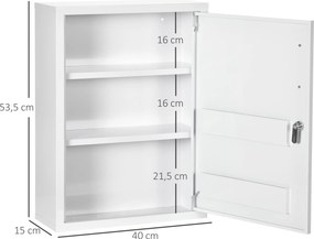 Armário de Parede de Aço para Medicamentos de 3 Níveis com Fechadura e 2 Chaves para Casa de Banho 40x15x53,5 cm Branco