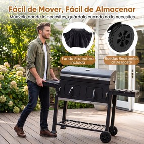 Grelhador a Carvão Portátil com Tampa, 86 x 49,5 x 47 cm, Dois Níveis de Confeção, Preto