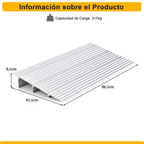 Rampa escadas cadeiras de rodas com moldura em alumínio e superfície antiderrapante Carga 317 kg para cadeiras roda 86,5 x 41,5 x 8,5 cm Prata