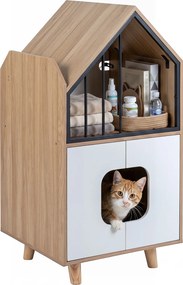 Móvel para Gato com Refúgio e Armário para caixa areia (CAIXA AREIA NÃO INCLUIDA), 50 x 48,5 x 100 cm, Design de Dois Níveis, Natural e Branco