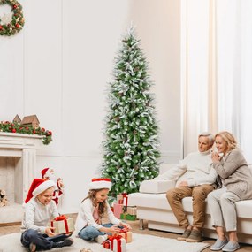 Árvore de Natal estreita pré-iluminada de 225 cm com 350 luzes LED Neve simulada 913 ramos articulados 75 pinhas Verde+Branco