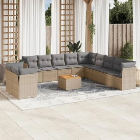 12 pcs conj. sofás jardim c/ almofadões vime PE bege misturado