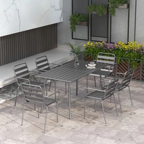 Conjunto de jardim para refeições, composto por 7 peças, com 1 mesa e 6 cadeiras empilháveis em aço cinzento escuro