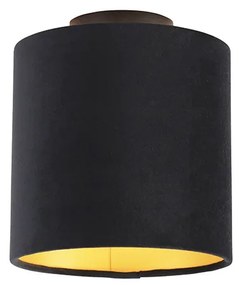 Candeeiro de teto com abajur em veludo preto e dourado 20 cm - Combi Preto Clássico / Antigo