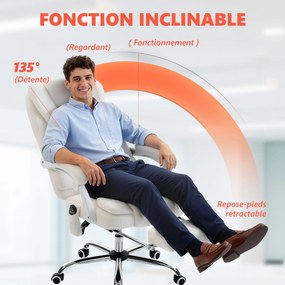Cadeira de escritório executiva com função de massagem e aquecimento, altura ajustável, encosto reclinável, em tecido de linho branco