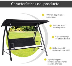 Outsunny Baloiço de Jardim de Vime PE com 3 Lugares Estrutura de Metal