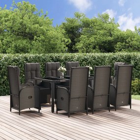 vidaXL 9 pcs conjunto de jantar p/ jardim c/ almofadões vime PE preto