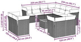 12 pcs conjunto sofás p/ jardim c/ almofadões vime PE cinzento