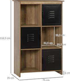 Estante de arrumação 75 x 35  x 116,5 cm com 3 compartimentos abertos e 3 compartimentos - Aspecto de madeira com portas de metal pretas