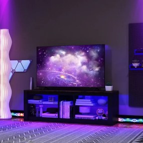 Móvel de TV com luz LED 140 x 35 x 47 cm para TVs até 65'' com Estantes de vidro temperado ajustáveis Castanho e Preto