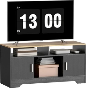 Móvel de televisão 105 x 40 x 52 cm com 2 compartimentos abertos, 2 armários com portas e um armário aberto, com efeito de madeira preta