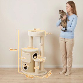 Árvore para Gatos, 55 x 39 x 90 cm, Vários Níveis, Bege
