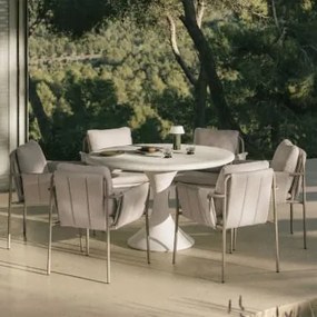 Conjunto De Mesa Redonda Ø120 Cm Em Cimento Eloria E 6 Cadeiras De Jardim Com Braços Estofadas E Em Aço Zunika Moka Brown - Sklum