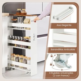 Carrinho cozinha estreito 47,5 x 13 x 80,5 cm com estação de carregamento de 4 níveis com rodas bloqueáveis Branco + Cor Nogueira