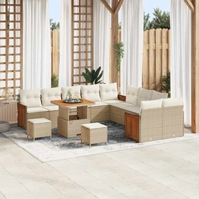 Conjunto de Sofá de Jardim vidaXL 13 Peças com Almofadas Rattan Poliéster Bege Acácia