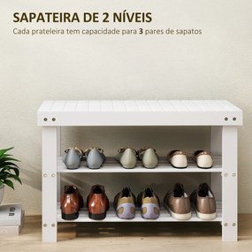 Banco Sapateira de Bambu Organizador de Sapatos com 2 Prateleiras para 6-9 Pares de Sapatos 70x28x45 cm Branco