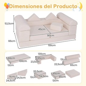 Sofá modular de 9 peças para crianças em espuma de 9 peças com tecido de camurça e capas laváveis Sofá convertível em espuma Bege