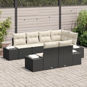 Conjunto de Sofá de Jardim de 7 Peças com Almofadas Preto Rattan Polié