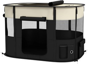 Parque dobrável para cães, gatos e pequenos animais em tecido Oxford com compartimento de arrumação, 94 x 74 x 60 cm, branco creme e preto
