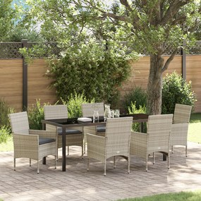 Conjunto de Jantar para Jardim com 7 Peças e Almofadas Cinza Claro Vime Sintético