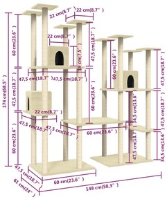 Árvore para gatos c/ postes arranhadores sisal 174 cm cor creme