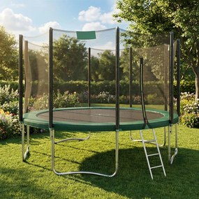 Trampolim de 427 cm, para crianças com rede de segurança e cobertura de borda e Escada Verde escuro