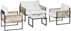 Outsunny Conjunto de Jardim Exterior em Rattan Sintético com 2 Poltronas 1 Sofá de 2 Lugares 1 Mesa de Centro e Almofadas Creme | Aosom Portugal