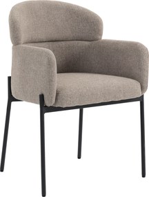 Poltrona de sala, poltrona auxiliar estofada em chenille com encosto curvo e braços, pés em metal, castanho claro