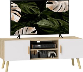 Móvel para televisão 110  x 36,2 x 42 cm para televisões até 50 polegadas, com prateleiras, 2 armários e passadores de cabos, em cor carvalho