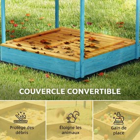Caixa de areia infantil para crianças em madeira com tampa 134,5 x 127,5 x 130 cm, para exterior com assento dobrável em lona estampada com flamingos